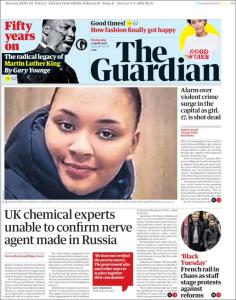 صفحه اول روزنامه گاردین/ متخصصان شیمیایی بریتانیا نمی توانند تایید کنند که عامل اعصاب در روسیه ساخته شده است
