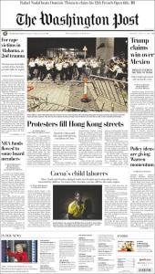 صفحه اول روزنامه واشنگتن پست/معترضان خیابان های هنک کنگ را پر کردند