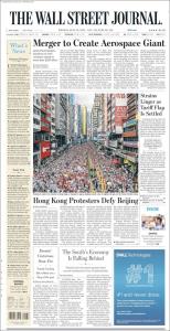 صفحه اول روزنامه وال استریت ژورنال/رویارویی معترضان هنک کنگی با پکن