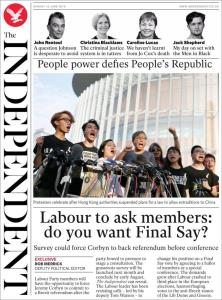 صفحه اول روزنامه ایندیپندنت/هنک کنگ؛ قدرت مردم، جمهوری خلق را به چالش کشید