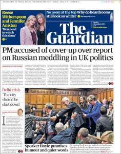 صفحه اول روزنامه گاردین/نخست وزیر متهم به سرپوش گذاشتن بر گزارشی درباره دخالت روسیه در سیاست بریتانیا شد