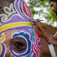 رنگ آمیزی یک فیل در معبدِ هندوها 