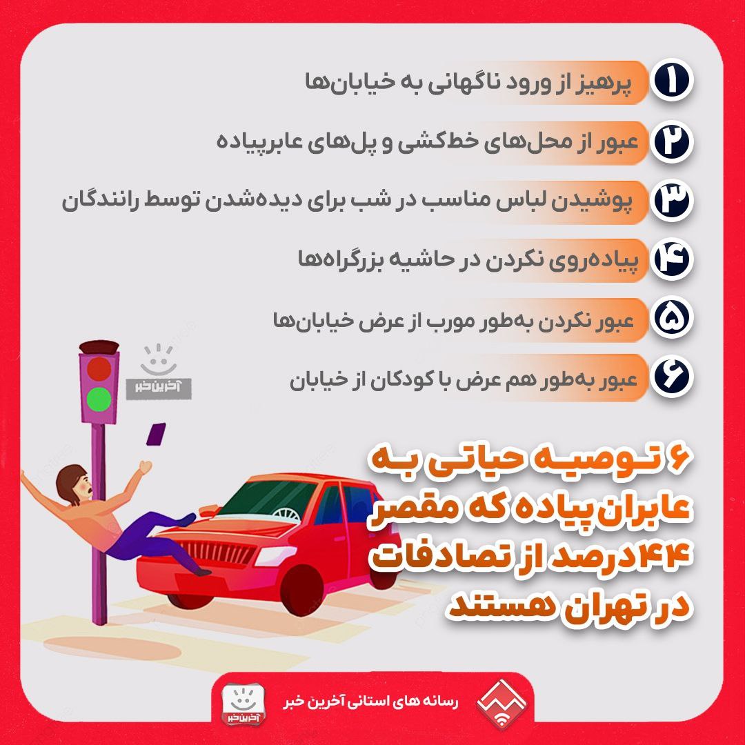 اینفوگرافی/ 6 توصیه حیاتی به عابران پیاده که مقصر 44 درصد از تصادفات در تهران هستند