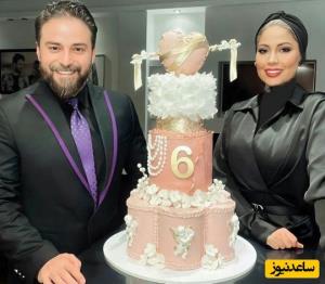 بابک جهانبخش و همسر به همراه کیک تولد چهار طبقه 
