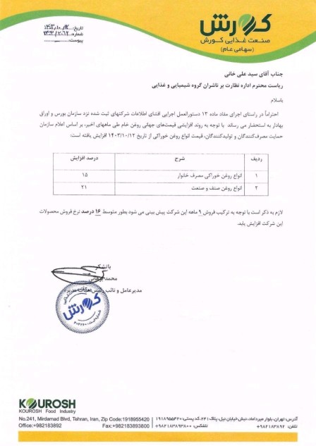 طبق این بخشنامه روغن 16درصدگران شد. 