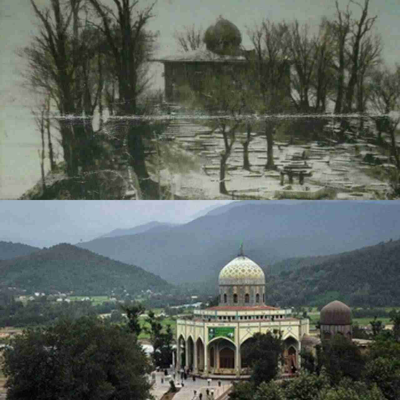 🕌 نمای قدیم و جدید  امامزاده هاشم (ع)؛ نگین زیارتی گیلان
🔺امامزاده هاشم (ع) در مسیر رشت – تهران و از توابع دهستان سراوان بخش سنگر رشت قرار دارد.
این مکان که در گذشته عسگرسرا نام داشت، از نخستین روستاهای زیارتی گیلان است.
🔺بر پایه شجره‌نامه،
امامزاده هاشم از نوادگان حضرت علی (ع)
و از سادات علوی مهاجر به گیلان در قرون نخست اسلامی است.
🔺 این بقعه در دوره‌های مختلف،
از جمله زمان قاجار به‌دست منوچهرخان گرجی و پس از زلزله ۱۳۶۹ بازسازی شده است.
امروز با داشتن هتل،
بازارچه،
کتابخانه و درمانگاه،
به ی