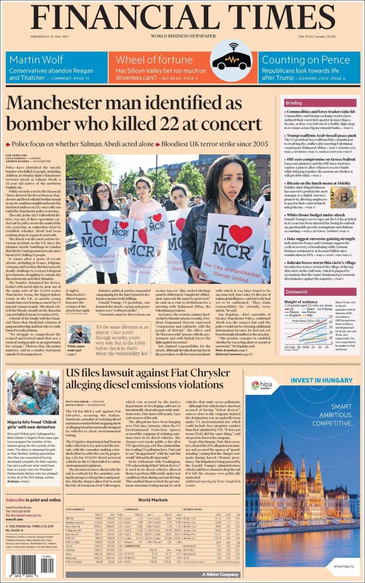 صفحه اول روزنامه فایننشیال تایمز/ یک مرد منچستری به عنوان بمب گذاری که 22 نفر را در کنسرت کشت شناسایی شد