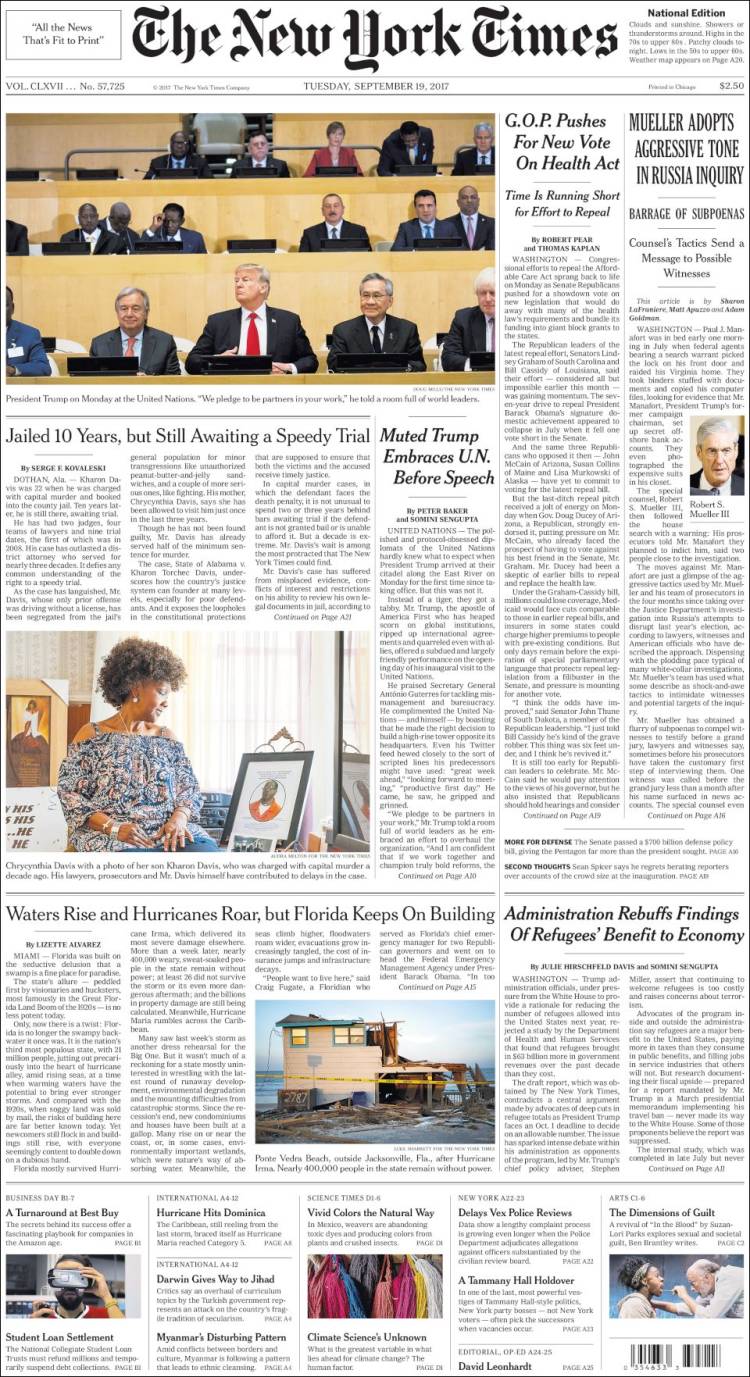 صفحه اول روزنامه نیویورک تایمز/ جمهوری خواهان برای رای گیری جدید درباره قانون بهداشت فشار می آورند