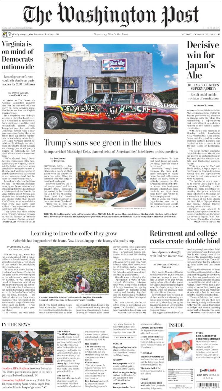 صفحه اول روزنامه واشنگتن پست/ پیروزی قاطع برای آبه در ژاپن 