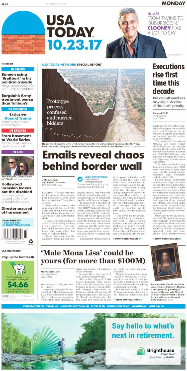 صفحه اول روزنامه یو اس ای تودی/ ایمیل ها هرج و مرج در پس طرح دیوار مرزی را افشا کرد