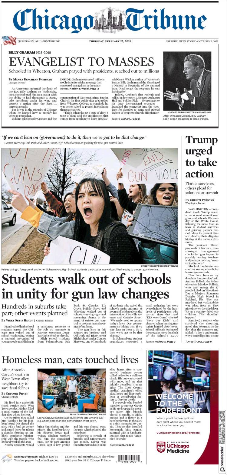 صفحه اول روزنامه شیکاگو تریبون/ دانش آموزان در همبستگی برای تغییر قوانین اسلحه از مدارس بیرون آمدند