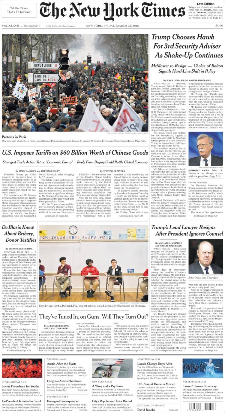 صفحه اول روزنامه نیویورک تایمز/ ترامپ یک جنگ گرا را به عنوان سومین مشاور امنیت ملی انتخاب کرد 
