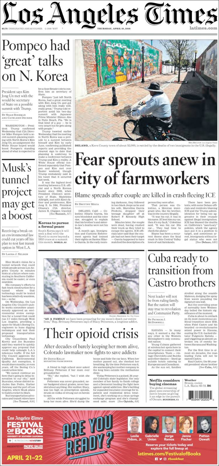 صفحه اول روزنامه لس آنجلس تایمز/ پومپئو گفت وگوی بسیار خوبی درباره کره شمالی داشته است 