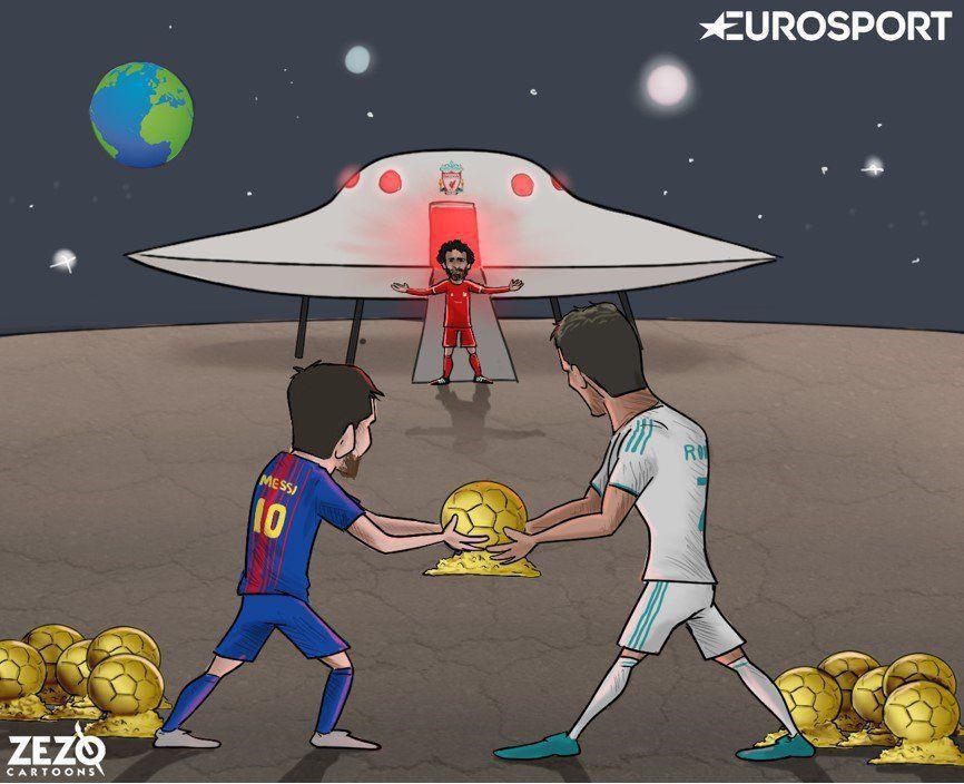 کاریکاتور/ محمد صلاح رقیب جدید رونالدو و مسی در کسب توپ طلا