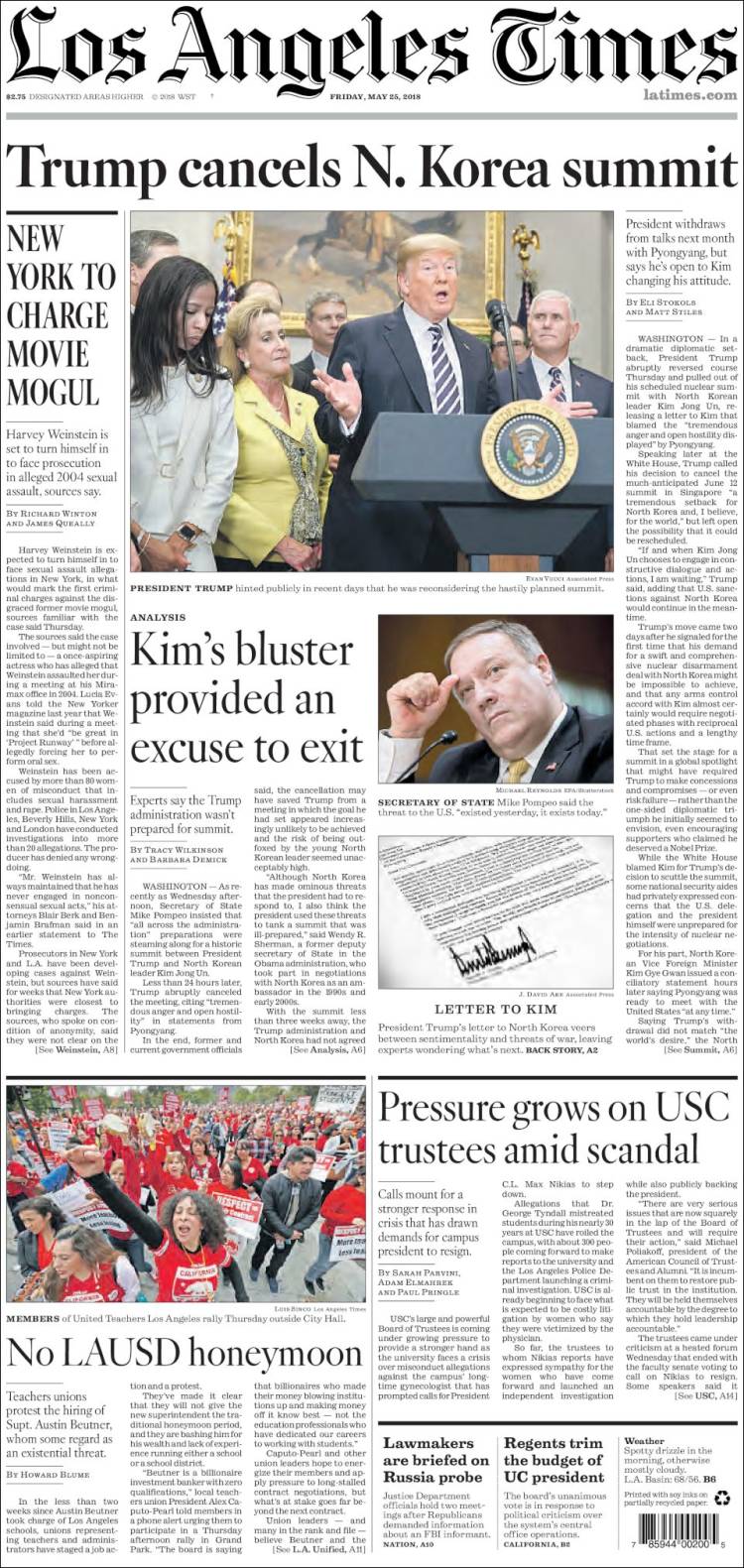 صفحه اول روزنامه لس آنجلس تایمز/ ترامپ نشست با کره شمالی را لغو کرد