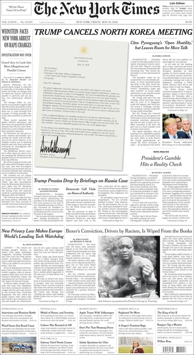 صفحه اول روزنامه نیویورک تایمز/ واینستین با حکم بازداشت به اتهام تجاوز روبرو است 