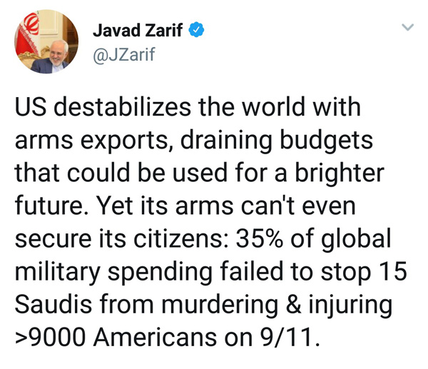 ظریف: آمریکا با صادرات تسلیحات جهان را بی‌ثبات می‌کند