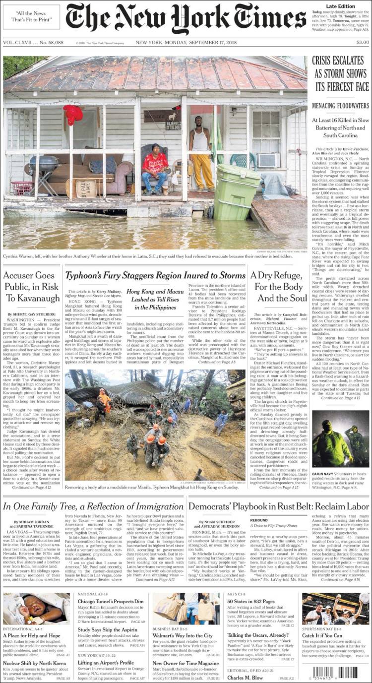 صفحه اول روزنامه نیویورک تایمز/ طوفان بی رحمانه ترین چهره اش را نشان داد و بحران بالا گرفت 
