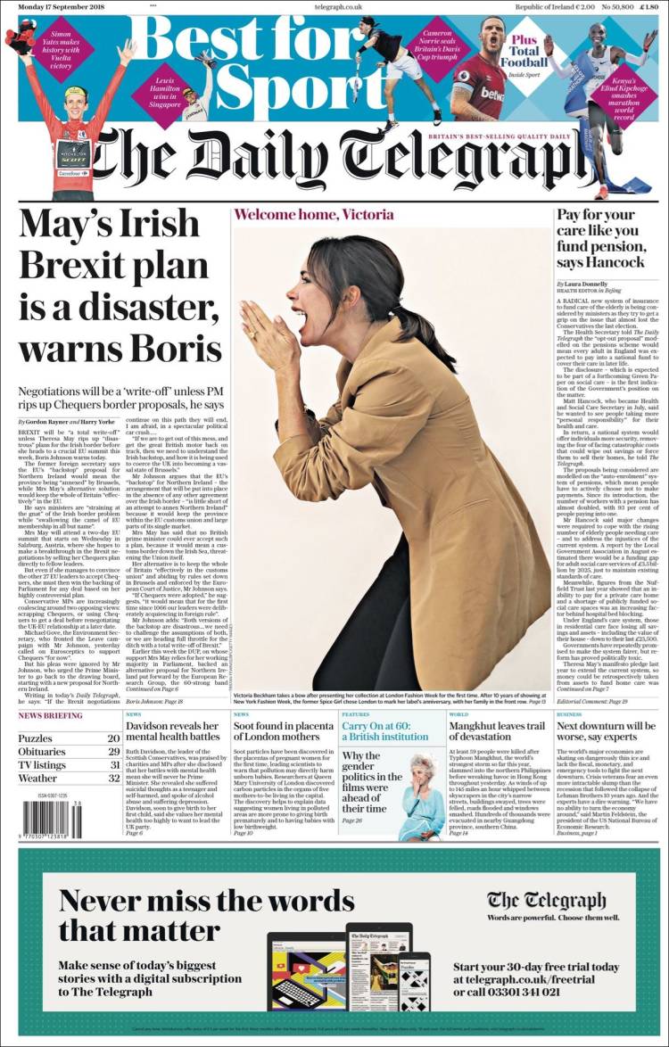 صفحه اول روزنامه دیلی تلگراف/ بوریس هشدار داد: طرح برگزیتی می درباره ایرلند فاجعه است