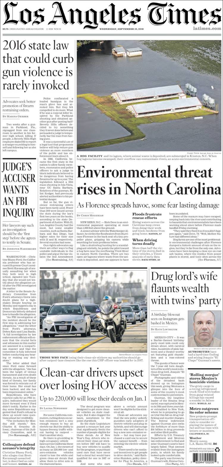 صفحه اول روزنامه لس آنجلس تایمز/ تهدید محیط زیستی در کارولینای شمالی بالا گرفت 