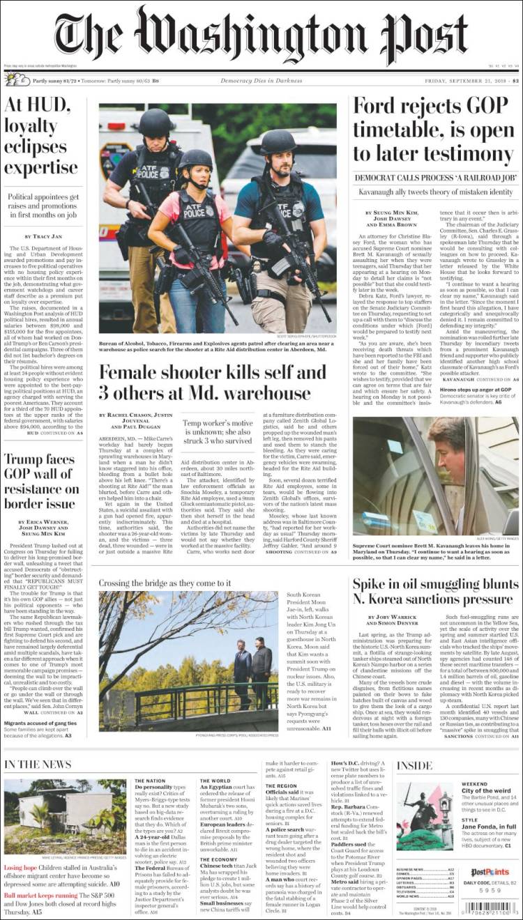 صفحه اول روزنامه واشنگتن پست/ یک زن تیرانداز خودش و سه نفر دیگر را در یک انبار در مریلند به قتل رساند 