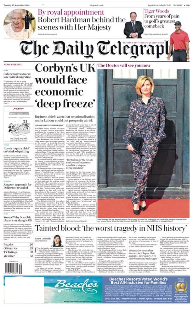 صفحه اول روزنامه دیلی تلگراف/ بریتانیای کوربین با رکود عمیق اقتصادی مواجه خواهد شد 