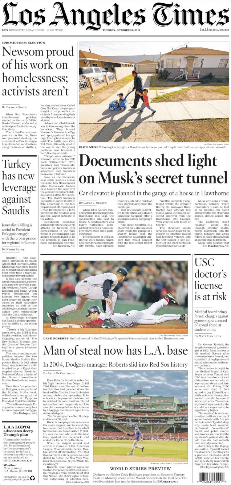 صفحه اول روزنامه لس آنجلس تایمز/ ترکیه ای ها اهرم فشار جدیدی علیه عربستان دارند