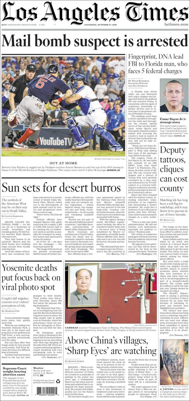 صفحه اول روزنامه لس آنجلس تایمز/ مظنون ارسال کننده بمب پستی دستگیر شد