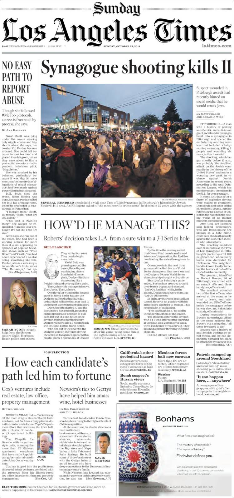 صفحه اول روزنامه لس آنجلس تایمز/ تیراندازی در کنیسه جان 11 نفر را گرفت