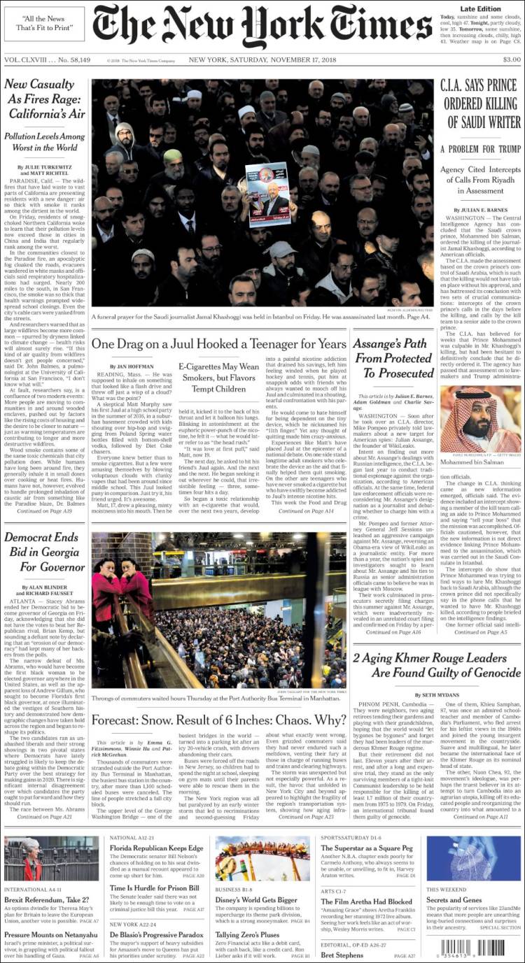 صفحه اول روزنامه نیویورک تایمز/ سیا می گوید ولیعهد عربستان دستور قتل نویسنده عربستانی را داده است