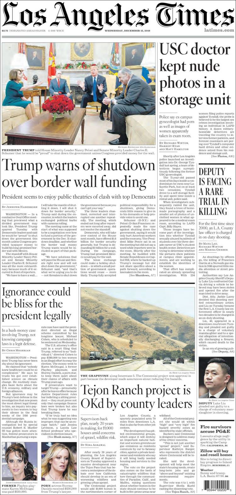 صفحه اول روزنامه لس آنجلس تایمز/ ترامپ نسبت به تعطیلی دولت بر سر بودجه دیوار مرزی هشدار داد
