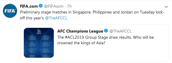 واکنش فیفا به شروع مسابقات لیگ قهرمانان آسیا ۲۰۱۹