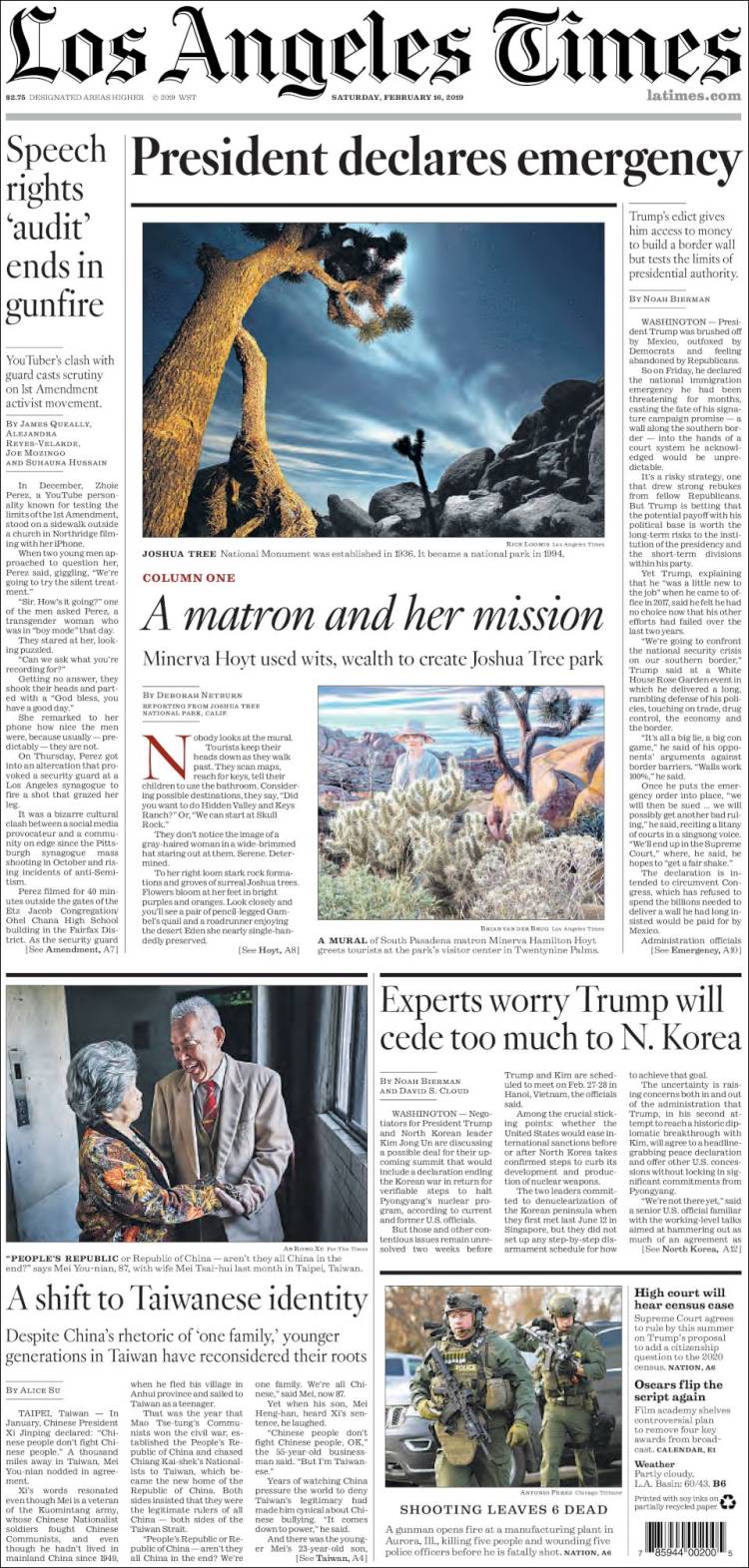صفحه اول روزنامه لس آنجلس تایمز/ ترامپ اعلام وضعیت اضطراری کرد