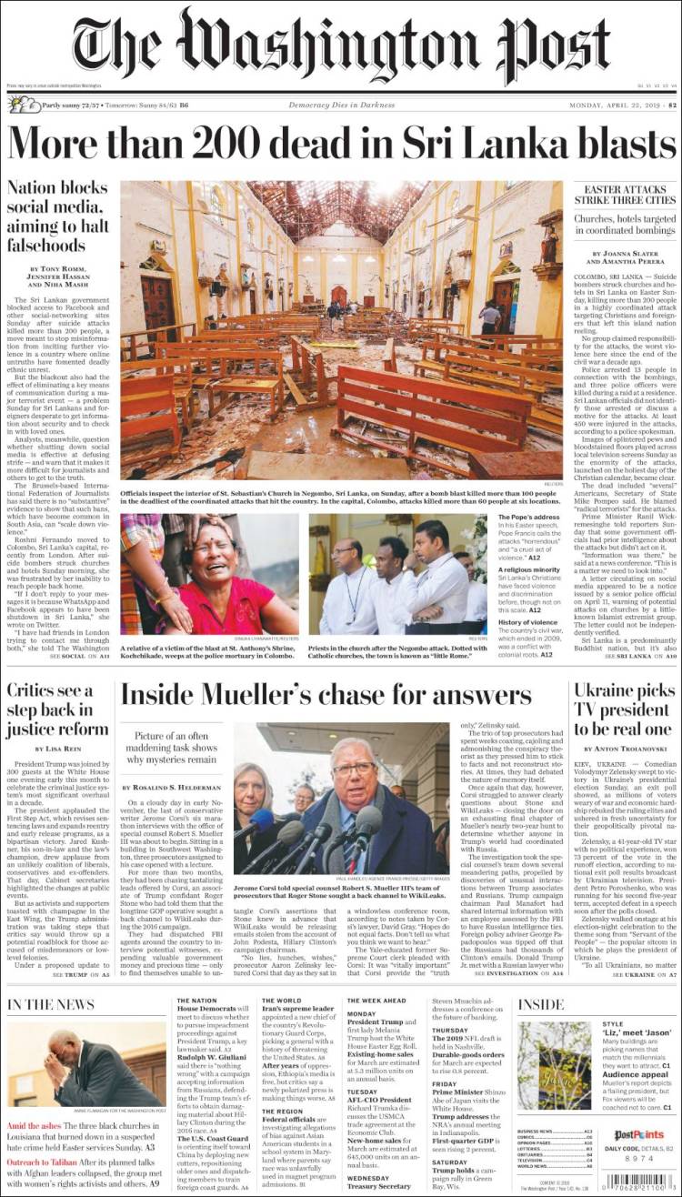 صفحه اول روزنامه واشنگتن پست/ بیش از 200 کشته در انفجارهای سریلانکا