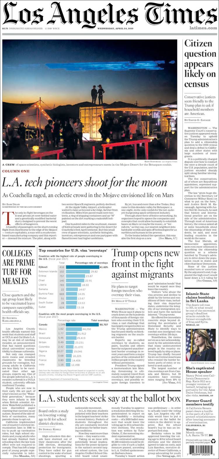 صفحه اول روزنامه لس آنجلس تایمز/ترامپ جبهه جدیدی در جنگ علیه مهاجران گشود