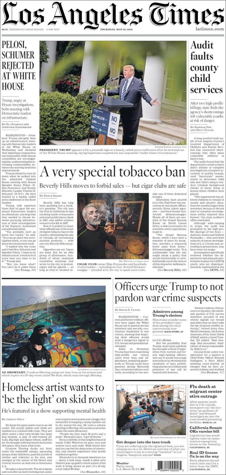 صفحه اول روزنامه لس آنجلس تایمز/پلوسی و شومر در کاخ سفید پذیرفته نشدند