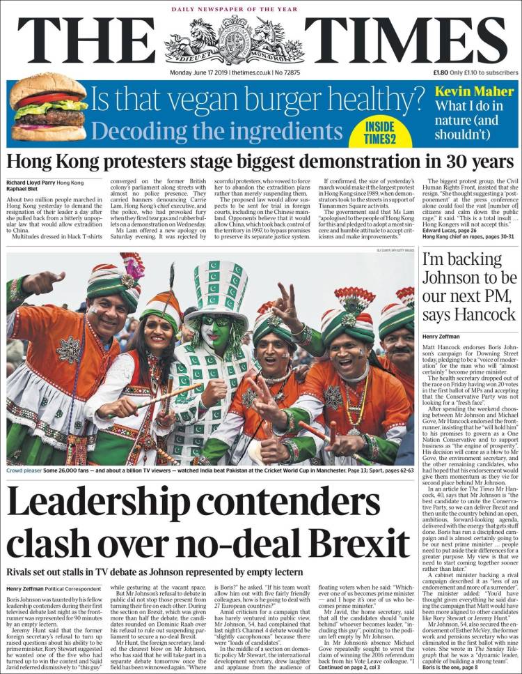 صفحه اول روزنامه تایمز/ستیز رهبران بر سر برگزیت بدون توافق
