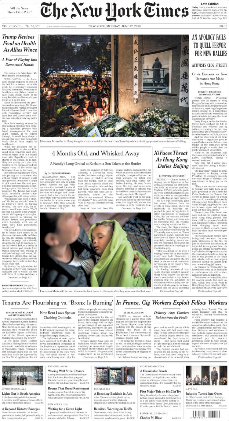صفحه اول روزنامه نیویورک تایمز/با سرکشی هنگ کنگ در برابر پکن، شی با تهدید مواجه است
