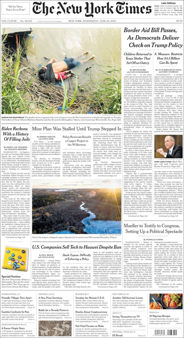 صفحه اول روزنامه نیویورک تایمز/ترس و دل شکستگی