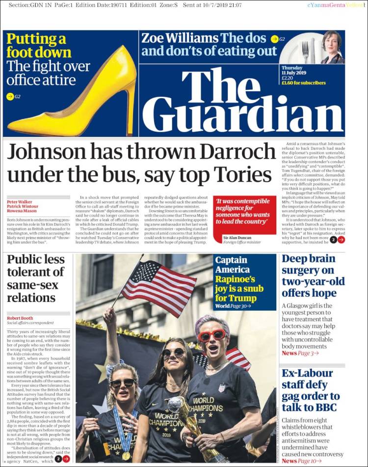 صفحه اول روزنامه گاردین/اعضای برجسته حزب محافظه کار: جانسون، داروک را به زیر اتوبوس پرتاب کرد