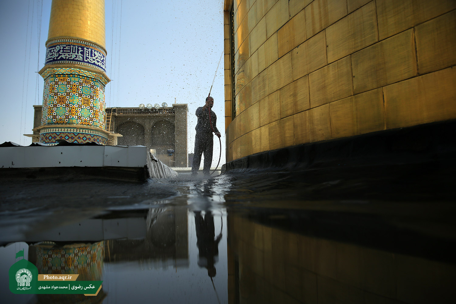 عکس/ شستشوی گنبد مطهر حضرت رضا(ع)