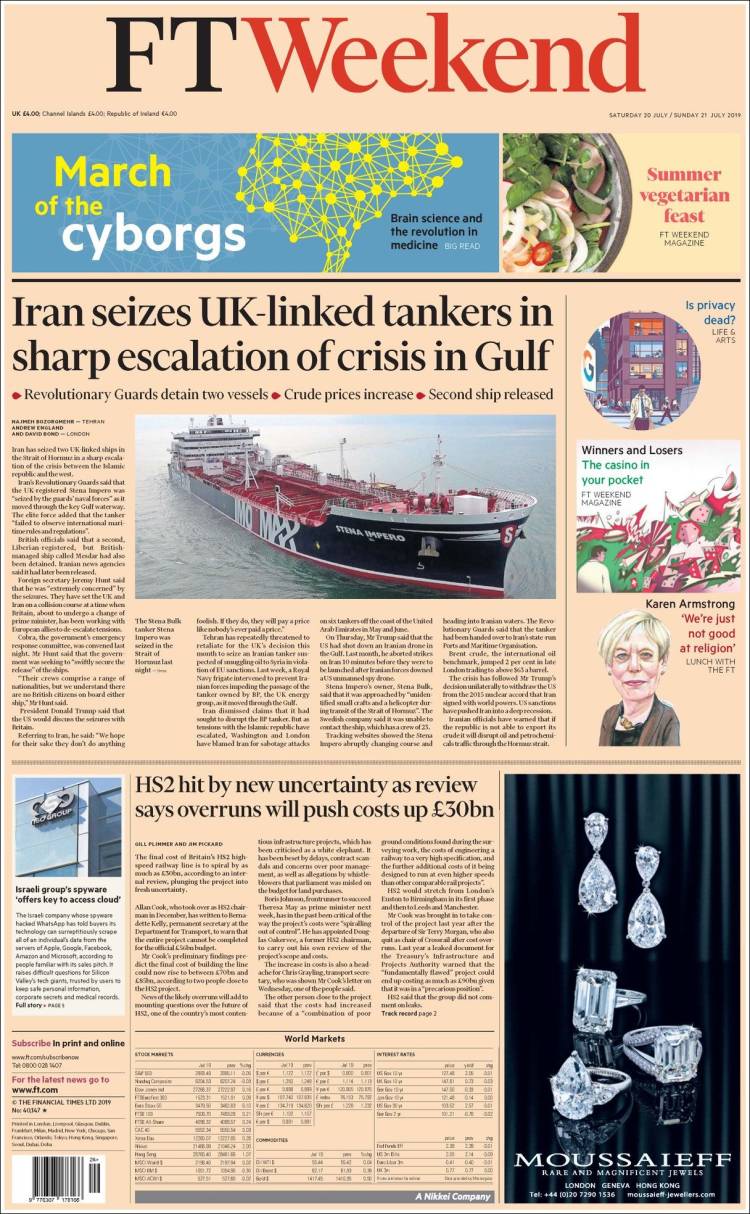 صفحه اول روزنامه بریتانیایی فایننشیال تایمز/ایران نفت کش های مرتبط با بریتانیا را در خلیج فارس توقیف کرد