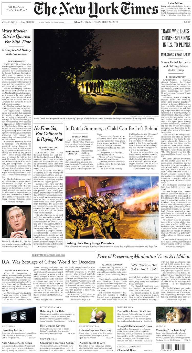 صفحه اول روزنامه نیویورک تایمز/به عقب راندن تظاهرات هنگ کنگ