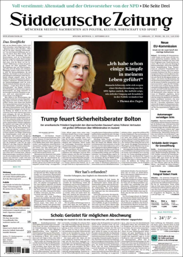صفحه اول روزنامه آلمانی زوددویچه تسایتونگ