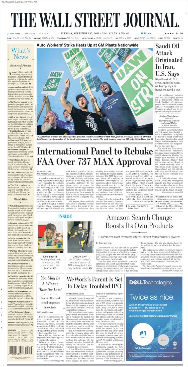 صفحه اول روزنامه وال استریت ژورنال/ایالات متحده می گوید حمله به تاسیسات نفتی عربستان از ایران سرچشمه گرفته است