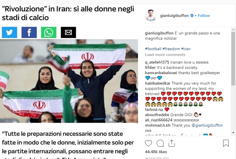 واکنش بوفون به آزاد شدن ورود زنان ایرانی به استادیوم‌ها
