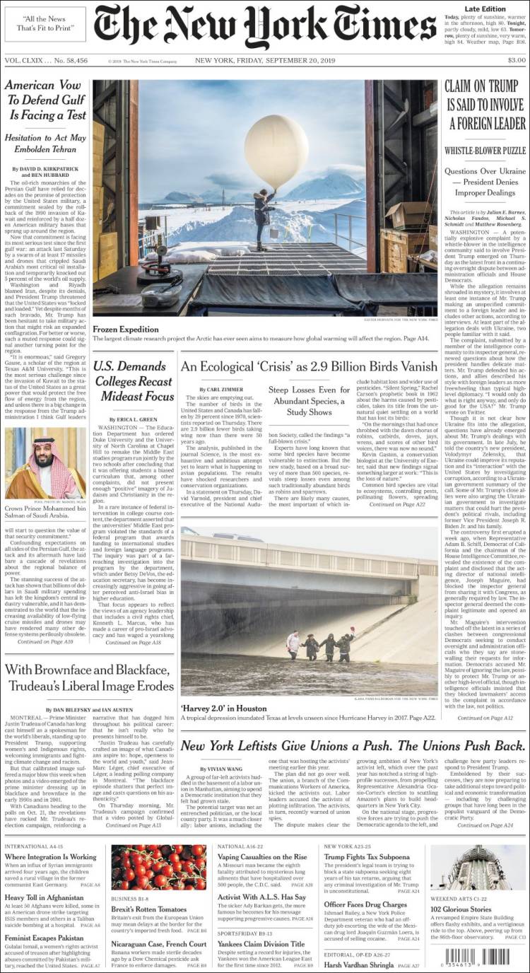 صفحه اول روزنامه نیویورک تایمز/ وعده آمریکا برای حمایت از خلیج فارس در معرض آزمایش قرار گرفت
