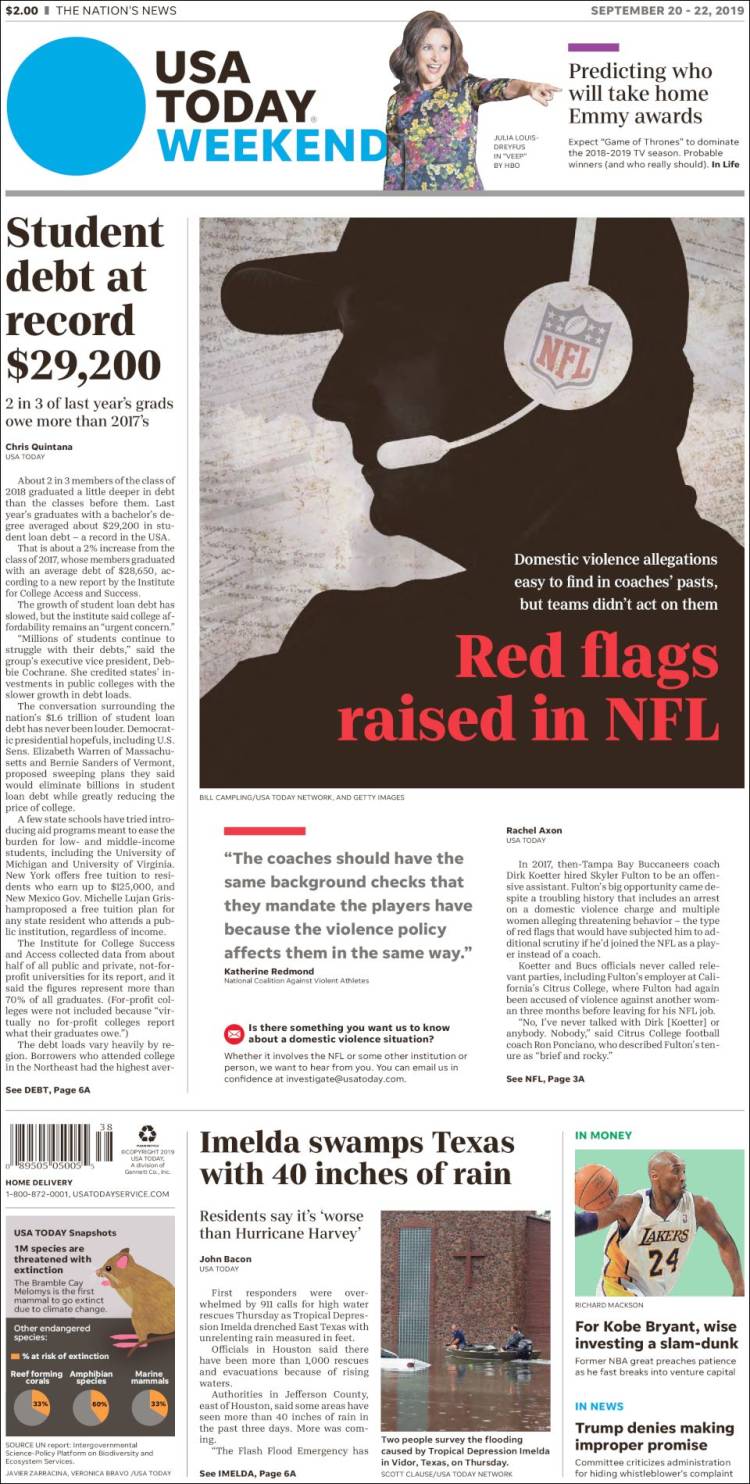 صفحه اول روزنامه یو اس ای تودی/پرچم های قرمز در لیگ فوتبال آمریکایی افراشته شد