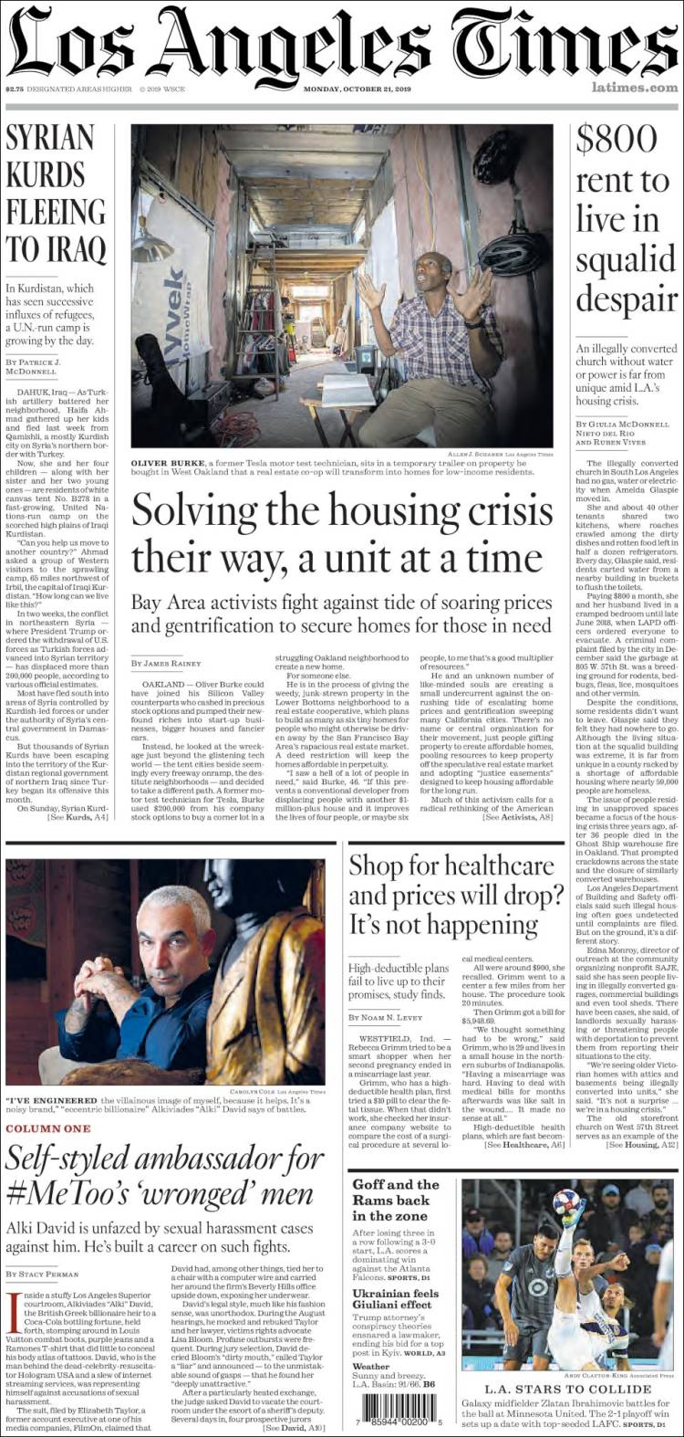 صفحه اول روزنامه لس آنجلس تایمز/کردهای سوریه به سوی عراق فرار می کنند