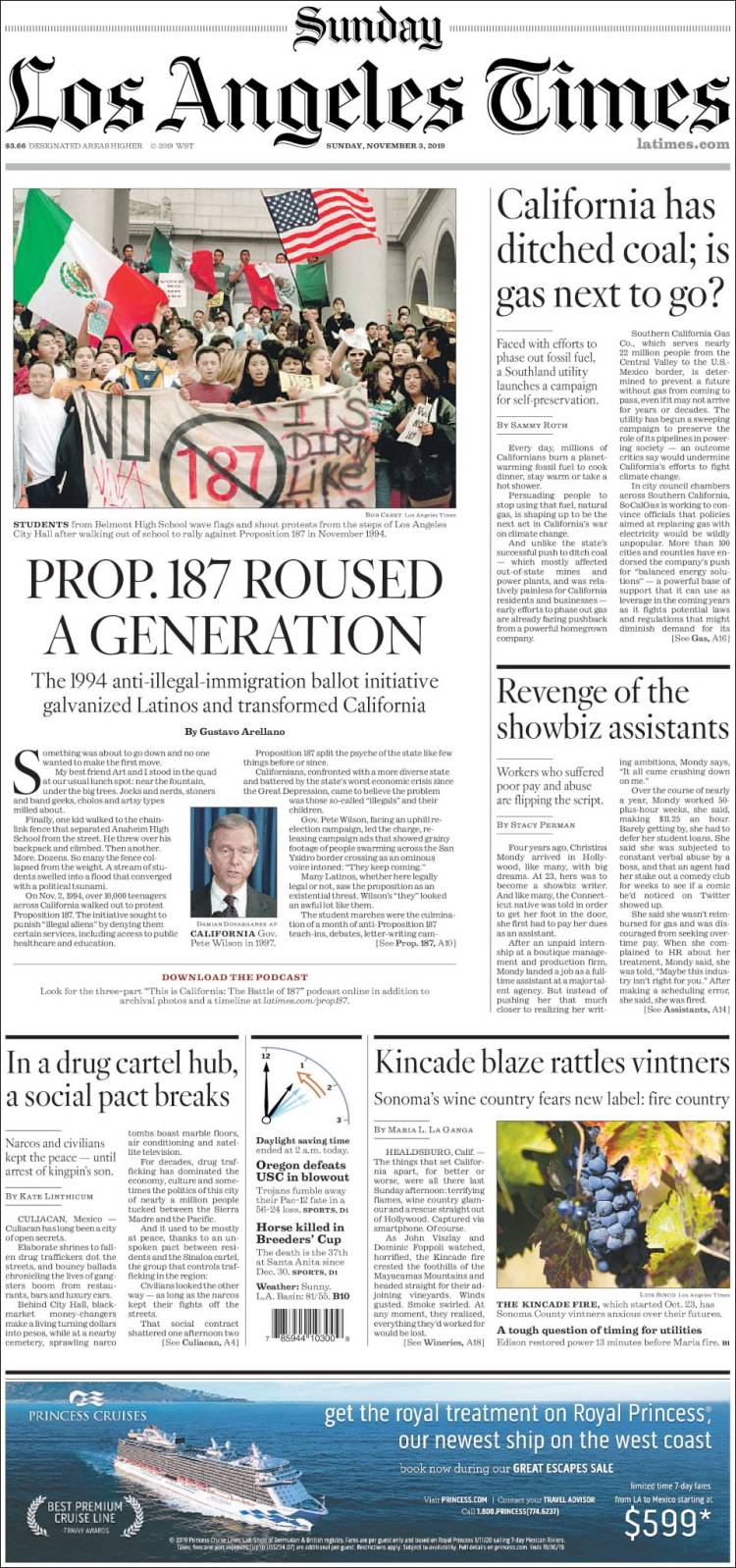 صفحه اول روزنامه لس آنجلس تایمز/کالیفرنیا وابستگی به زغال سنگ را کنار گذاشت